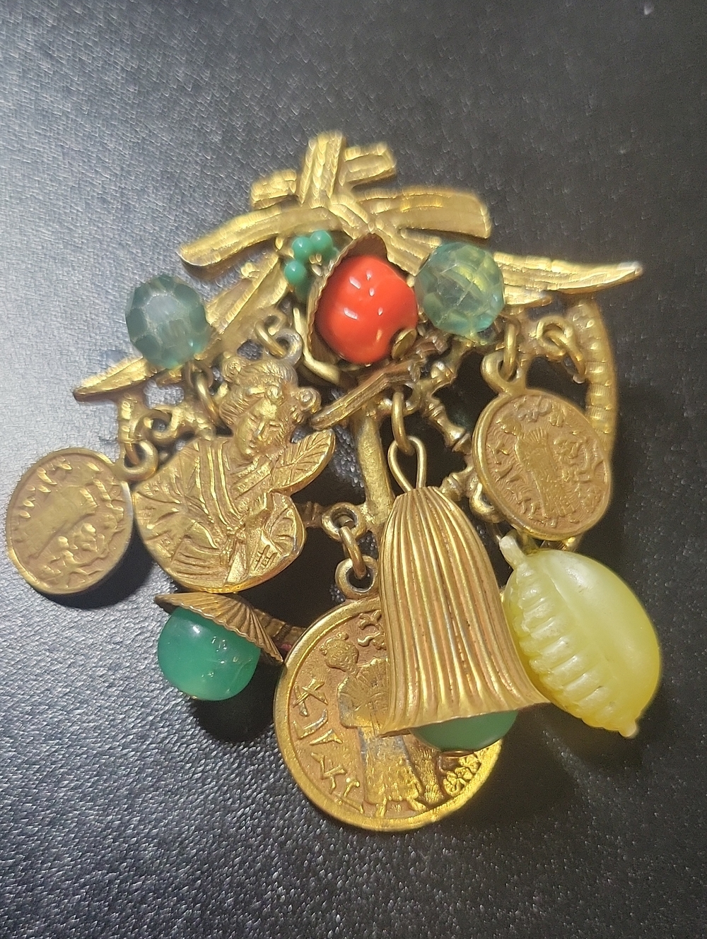 Vintage Art Gold-Tone Multicharm Pendant with Green, Red and Cream Accents